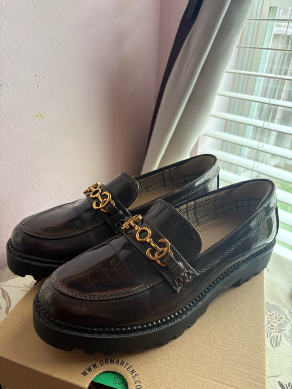 Patent Dark Brown Loafers with Gold Chain Hardware